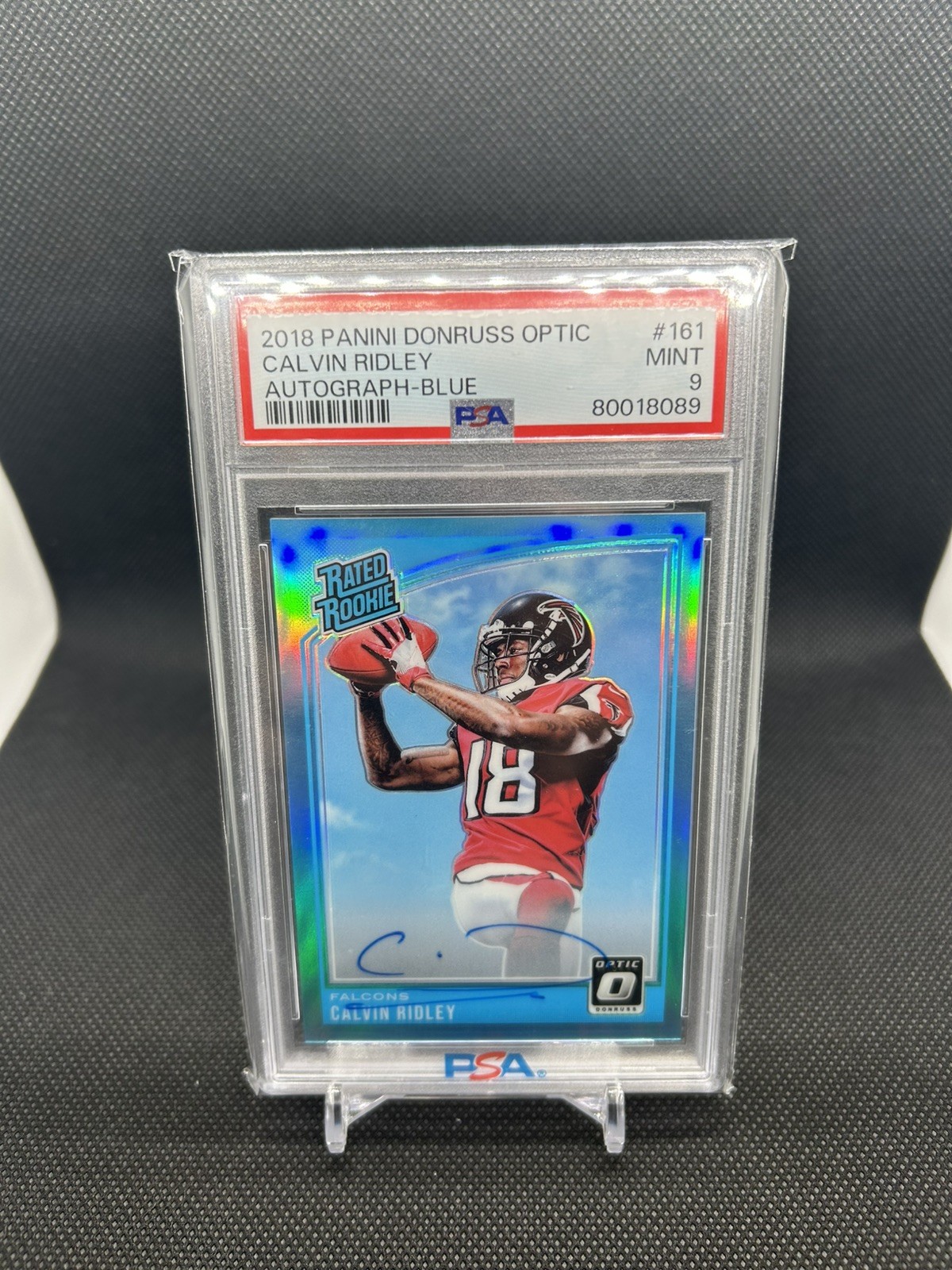 2018 Donruss Optic - #161 Calvin Ridley AUTO 19/75 BLUE PSA 9