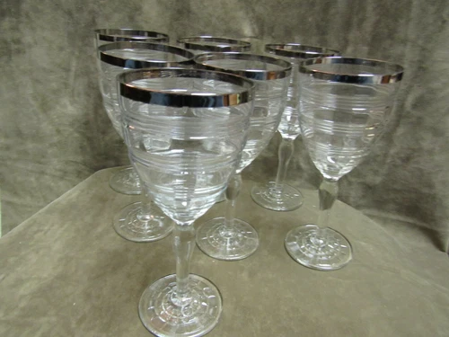 Vintage 1920's Anchor Hocking Glass Banded Rings Platinum Water/Wine Goblet Lot