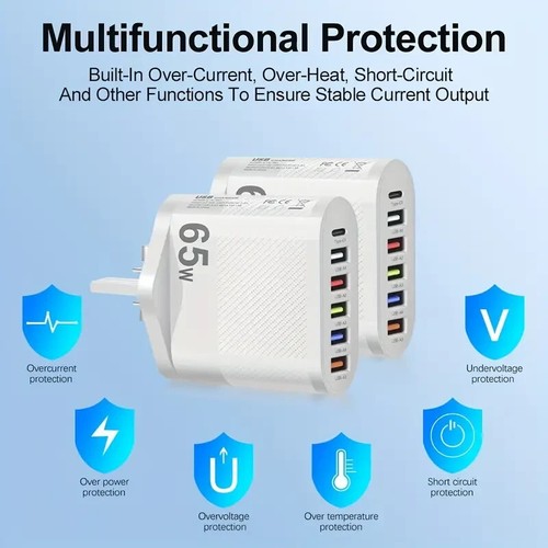 65w PD Fast Charger Adapter Plug UK 5 USB and 1 Type C For Mobile Phone - Picture 6 of 8