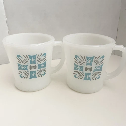 Anchor Hocking Atomic Fire King Blue Heaven Milk Glass Mugs Vtg 60s MCM