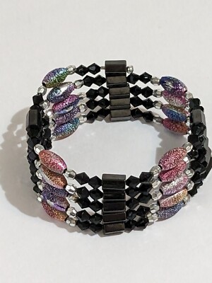 Hematite & Plastic Bead Memory Wire Wrap Bracelet. Multicolor Pastels & Black. 
