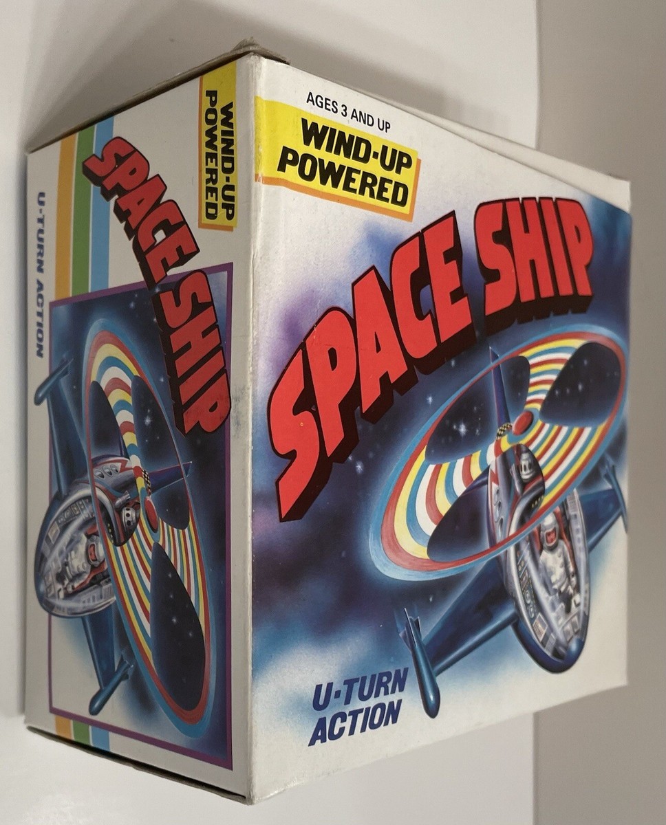 Vintage Space Ship Tin & Plastic Wind-Up Toy, Works Great U