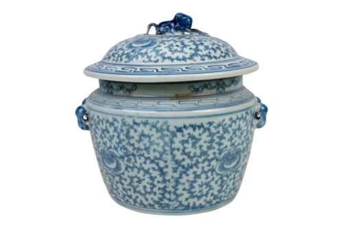 Vintage Floral Blue & White Chinoiserie Porcelain Rice Jar with Lid 9" Tall - Picture 1 of 1