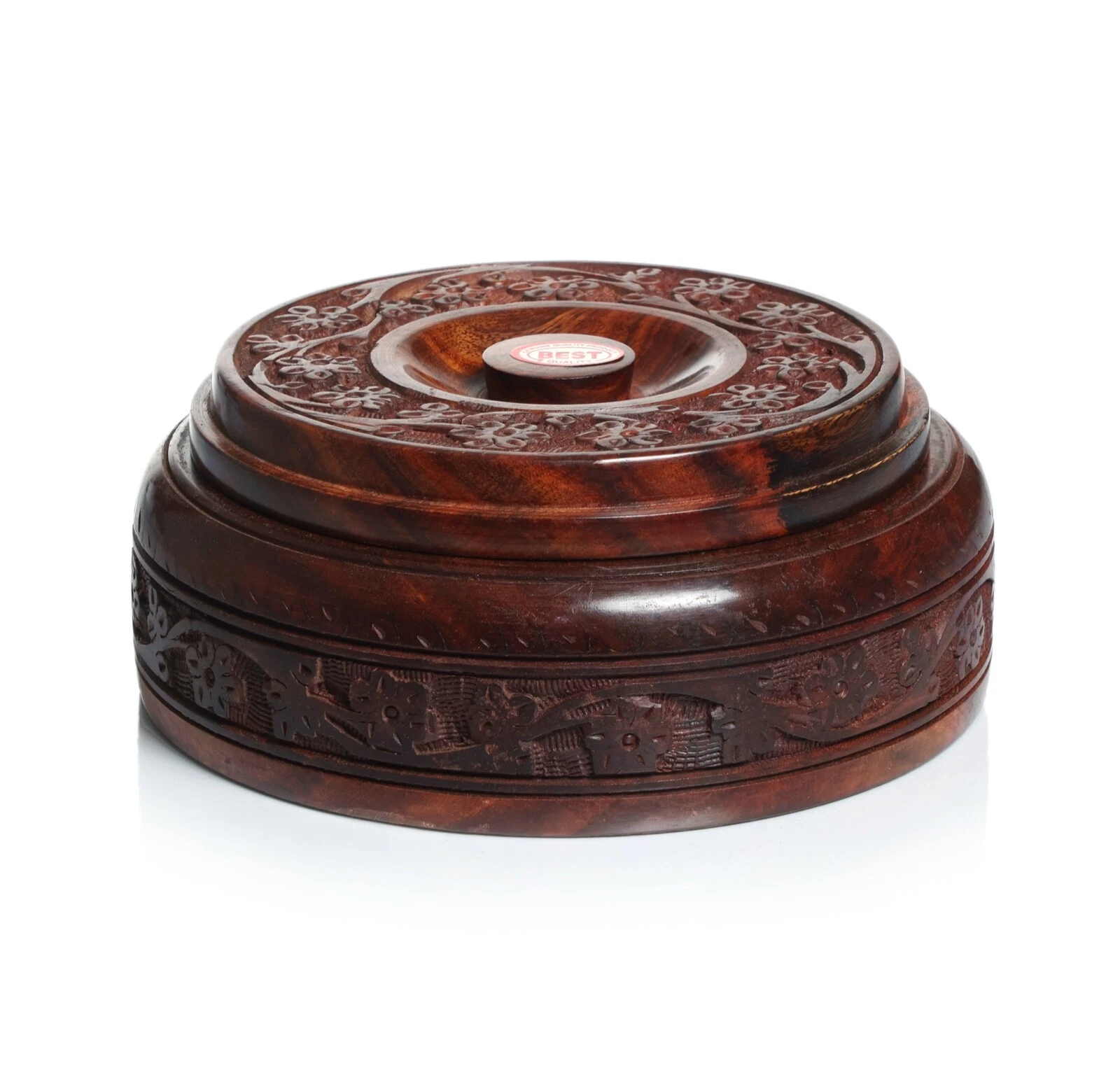 Wooden Handcrafted Round Spice Box with Wooden Spoon with Floral Carving Designs