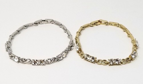 Bracelets 2 Gold tone and Silver Tone Links with Clear Rhinestones with Box - Picture 4 of 12