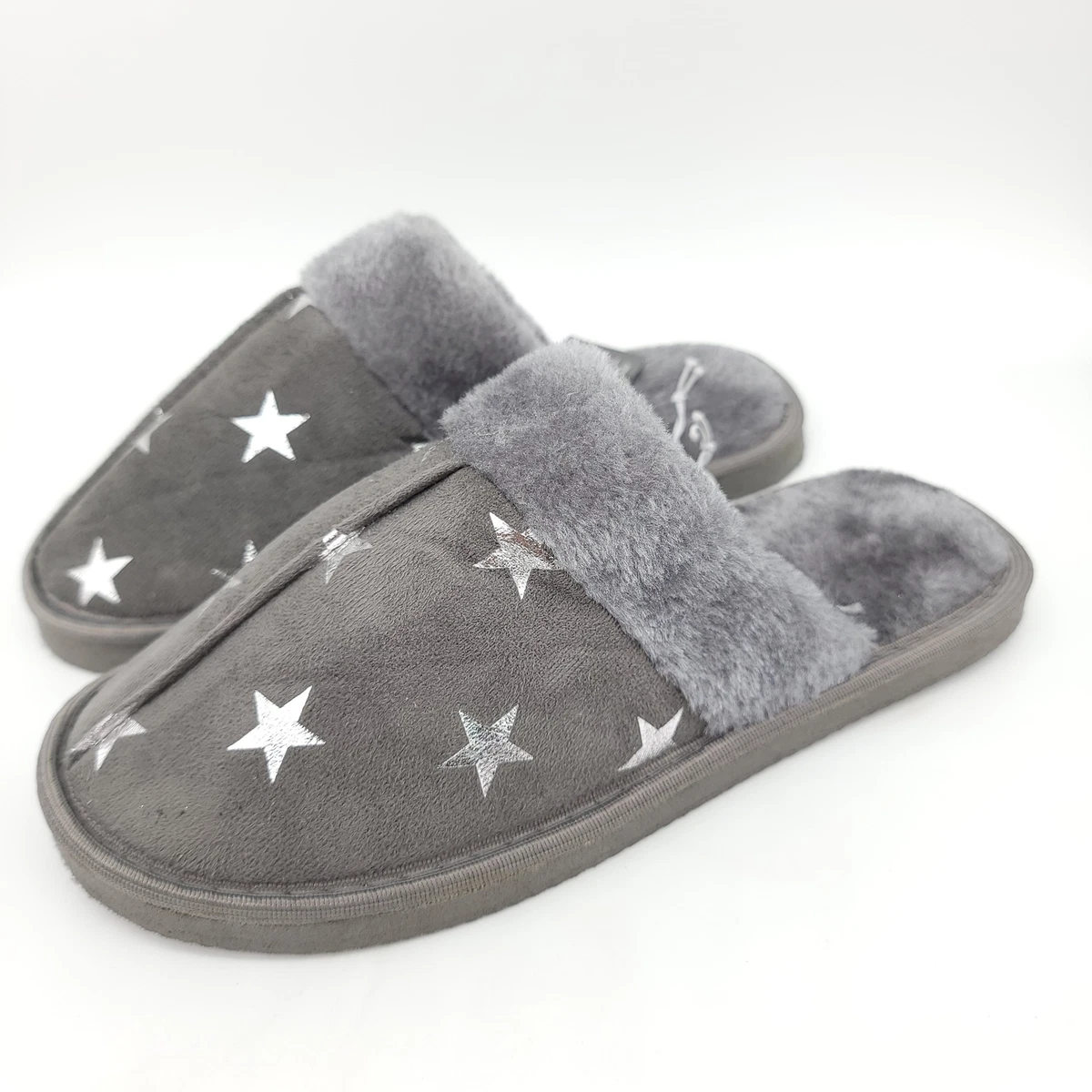Bobbie Brooks Slippers Gray Stars Silver Fuzzy Foam New with Defect Size Small 7