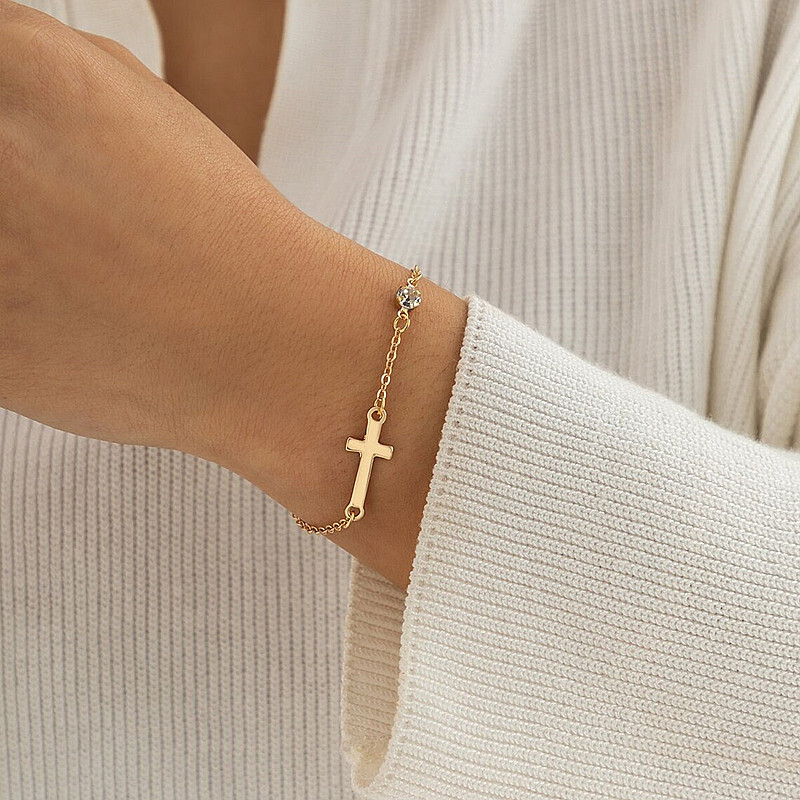 Simple Silver/Gold Crystal Cross Bracelet Lobster Clasps for Women