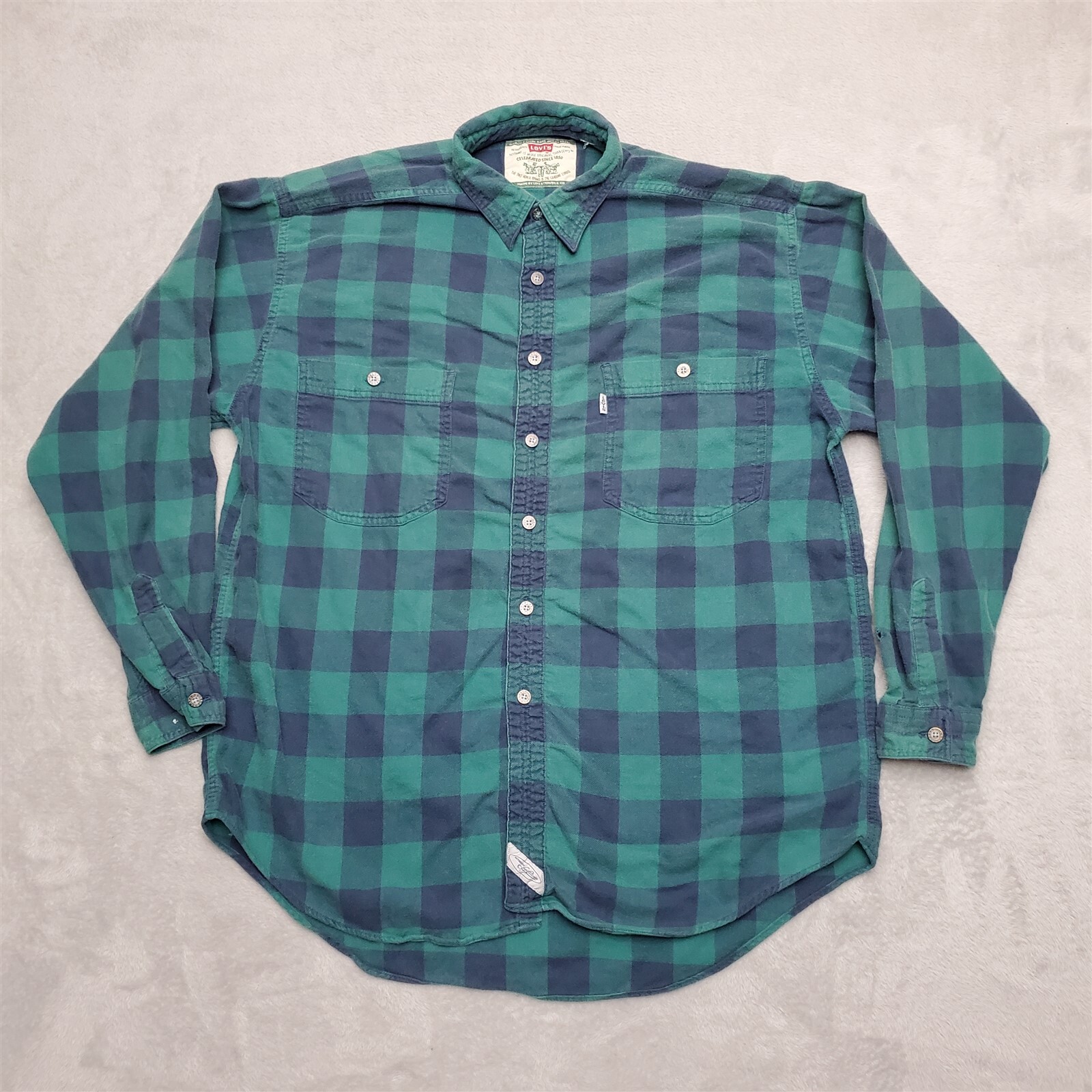 Levis Flannel Shirt Men Medium Creen Blue Buffalo Pla… Gem