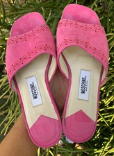 Moschino slides women Fuchsia leather hearts and Stitch logo detail shoes