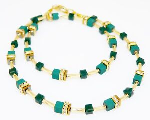Halskette Würfelkette Würfel Cube Hämatit Glas teal emerald smaragd Strass 082b