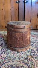 Sweet Antique Early Primitive Wood Stave Firkin Sugar Bucket 9.5" Patina