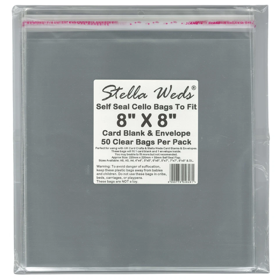 STELLA WEDS Self Seal Bags To Fit 8x8 Card Blank & Envelope x 50 Per Pack, Clear Packing Bag