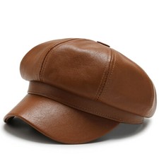 Damen Schiebermütze Gatsby Hut aus Kunstleder Wide Brim Beret, One Size
