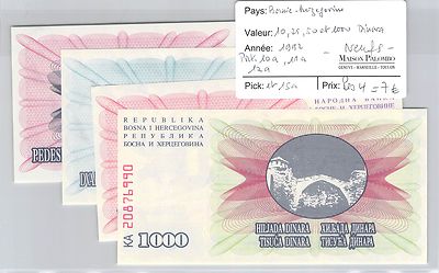 4 BILLETS BOSNIE HERZEGOVINE - 10 / 25 / 50 et 1.000 DINARA - 1992 - NEUFS  !!! | eBay