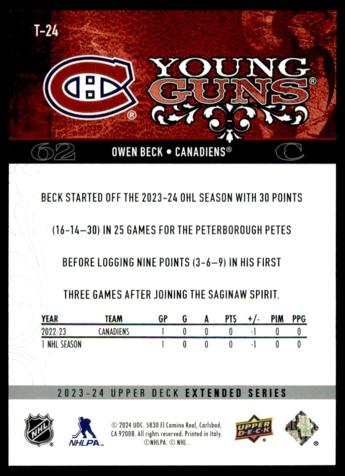 2023-24 Upper Deck Extended Series YG Retro Owen Beck RC #T-24 - Image 2 of 2