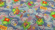 Cotton Fabric Hi Fashion Fabric Colorful FROGs Peace Love On Blue 1yd x 44