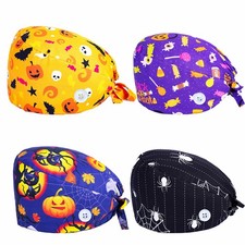 2PCS Halloween Printed Scrub Cap/Hats Women Men Cotton Surgical Caps With Button