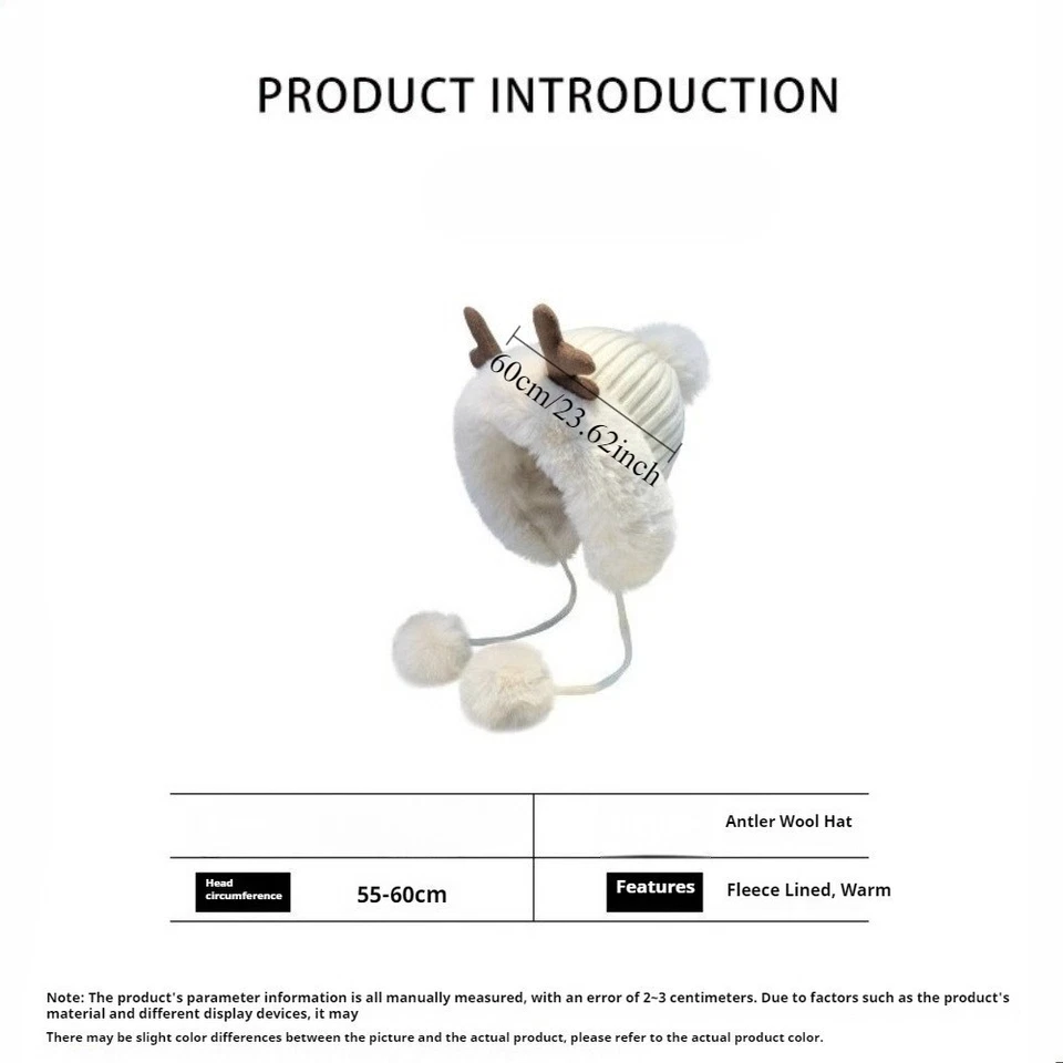 Winter Knitted Beanie Antlers Santa Hat Windproof Foldable Knitted Reindeer Bean - Image 3 of 4