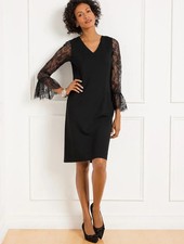 NWT $189 TALBOTS BLACK PONTE LACE SLEEVE V-NECK A-LINE DRESS SIZE  8
