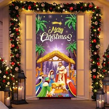 DPKOW Merry Christmas Nativity Door Cover, Christmas Nativity Scene Door Banner,