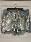 Topshop Moto Mom Sequin Front Denim Shorts Blue/Silver Women’s Size 18 Pockets — photo 1