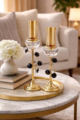 2er Set Kerzenständer Gold mit Braunglas | Moderne Deko Kerzenständer