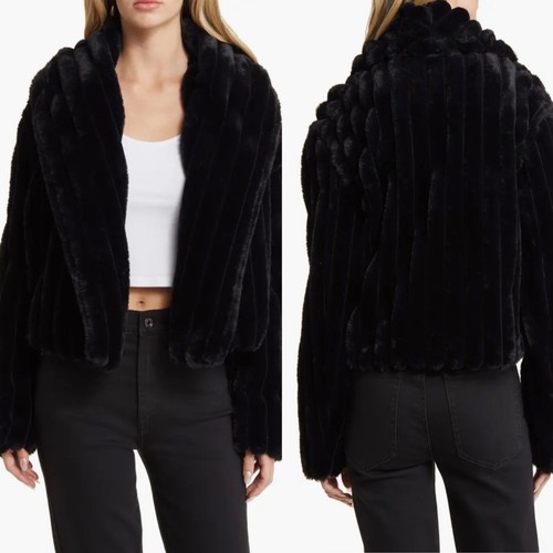 BLANKNYC Black Faux Fur Chubby Ribbed Cropped Open Front Jacket Sz XS Old Money