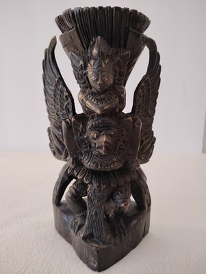 Vintage Ebony Wood Hand Carved Vishnu Riding Garuda Bali Indonesia Sculpture.