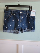 Cat  Jack Girl's Lg 10/12 Denim Blue Flower Stretch Jean Folded Edge Shorts Zip