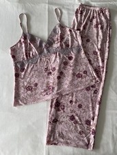 Linea Donatella Pajama Lounge Set Sz L Babydoll Lace Trim Crop Pants Pink Floral