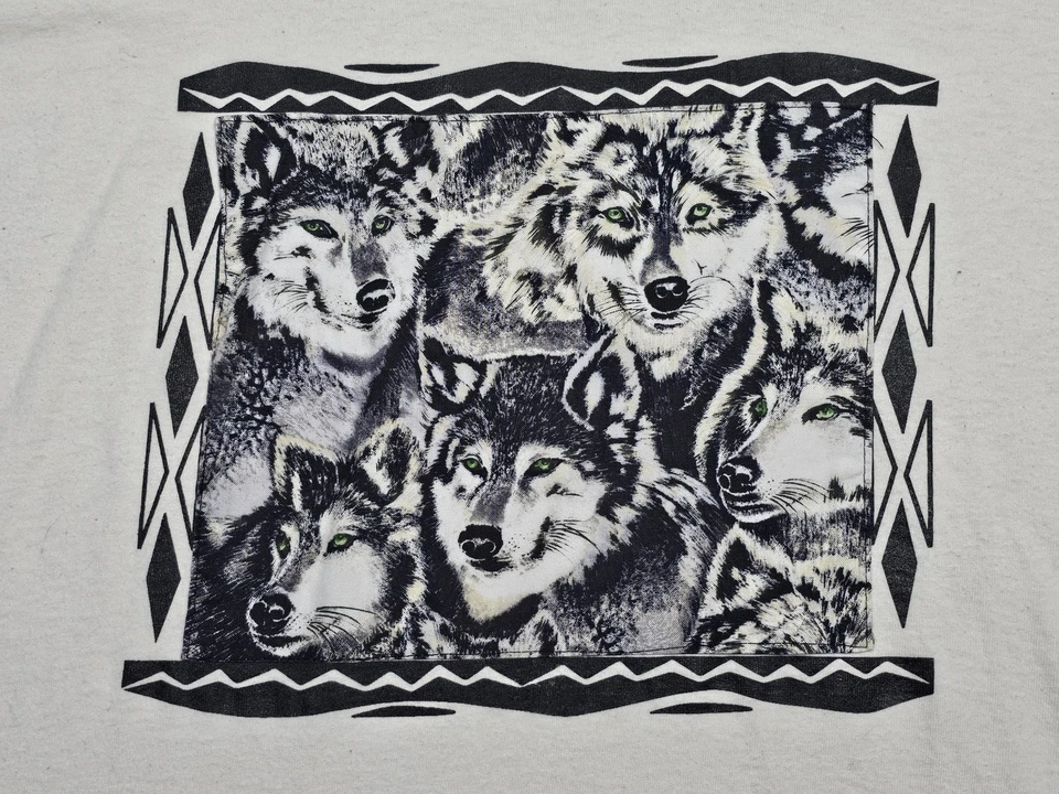 Camisa Vintage Wolf Pack Para Hombre Grande Blanca Gráfica Naturaleza Camiseta Hecha EE. UU. Animales Años 90 Foto 4 de 4