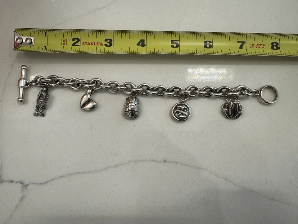 AUTÉNTICO Brazalete de 5 Dijes con Cordón de Guijarro, Plata de Ley 925, 8 pulgadas Foto 4 de 4