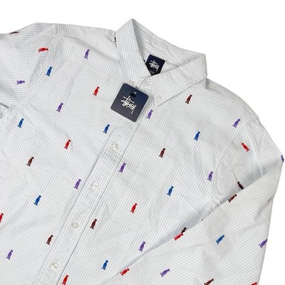 Stussy King Oxford Striped Button Down Shirt Mens Medium Long Sleeve Light Blue 