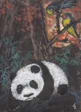 LinLi888 Art ACEO Original Watercolor Painting Panda Birds Fall Leaves 24082302
