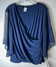 MSK Size Large Navy Silver Beaded V-Neck Wrap Front Blouse Sheer Sleeves Pleats