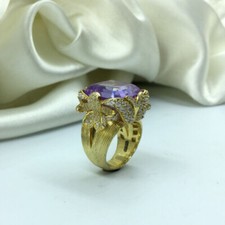 Beautiful Flower Design Purple Amethyst  White CZ 935 Silver Ring  8.5 Size 