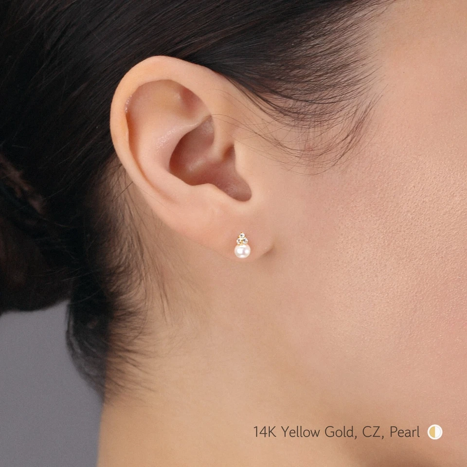 14K Real Solid Gold Freshwater Pearl Flower CZ Sleeper Studs Earrings Screw-back - Image 2 of 4