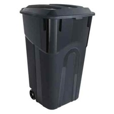 32 Gallon Wheeled Heavy Duty Plastic Garbage Can, Attached Lid, Black