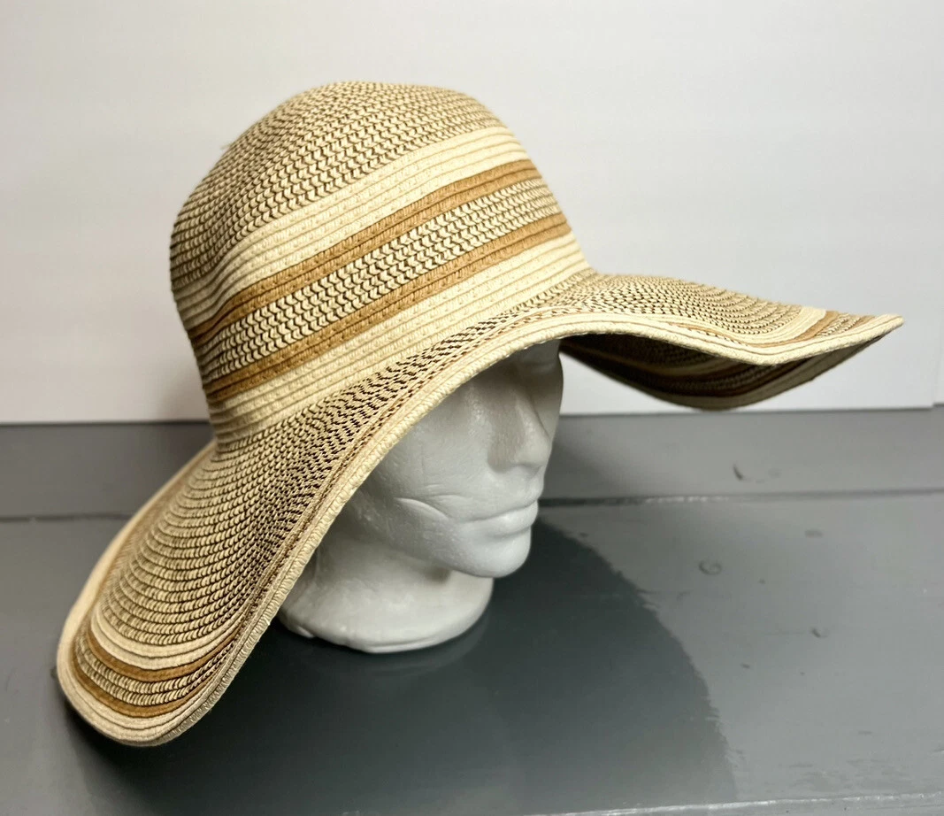 Magid Hats Wide Brim Floppy Beach Sun Hat Tan/Brown Stripe Womens OS