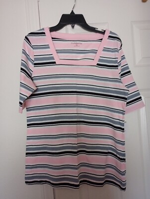 New Croft & Barrow Women's Pink Striped Square Neck Cotton Shirt XL Fits Smaller