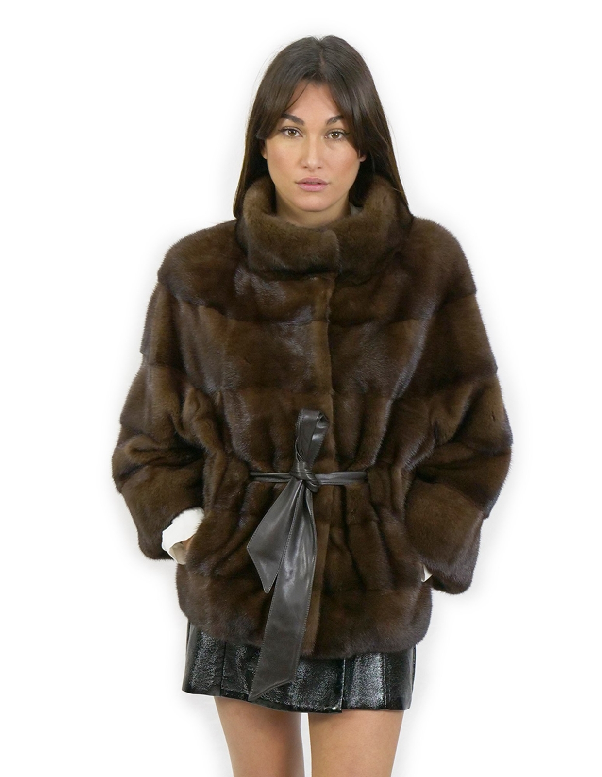 Men's 62cm Mink Jacket Size 48 with Leather Belt Korean Collar Design-image