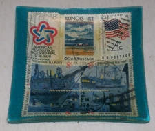 Vintage handmade glass ashtray Illinois postage stamps Bicentennial patriotic