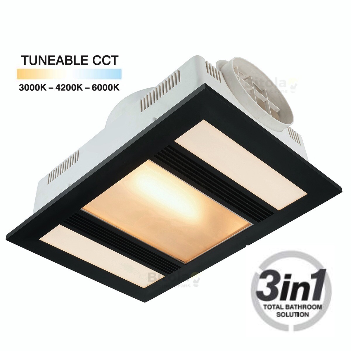 BRILLIANT MARVEL TRICOLOUR LED BLACK BATHROOM 3IN1 HEATER EXHAUST