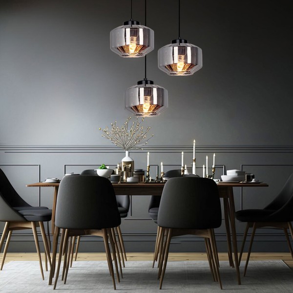 HäNgelampe Pendellampe Wohnzimmerlampe Rauch Glas 3 Flammig Schwarz E27 H 120 Cm-image