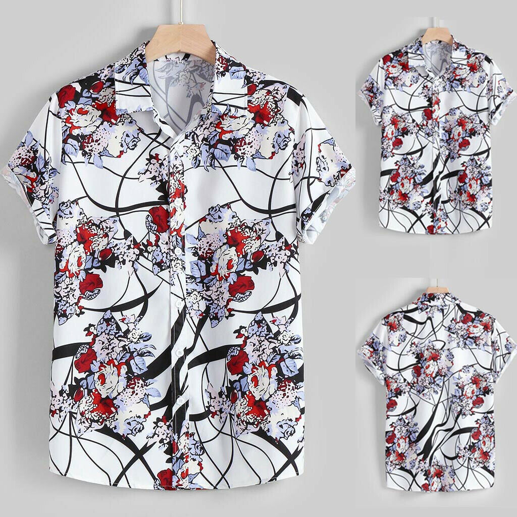 Mens Ethnic Short Sleeve Casual Lapel Flower Printing Shirt Hawaiian ...