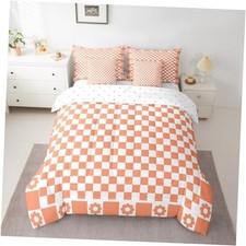 7 Pieces Grid Comforter Set Size, Geometric Checkerd Square Queen Orange