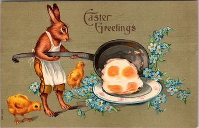 Easter Fantasy Postcard-Anthropomorphic Lady Rabbit w.Frying Pan Cooks Eggs~k260