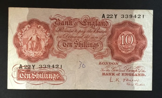 Banknote Of England Ten Shillings LK Obrien. A22Y. Circulated Condition