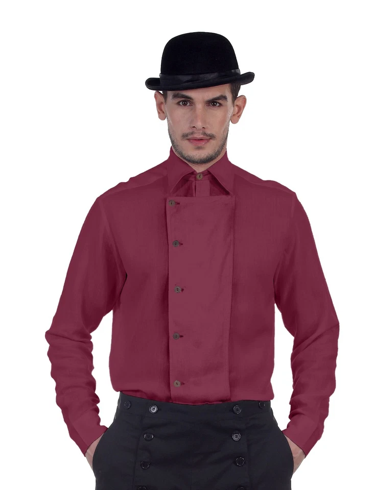 Steampunk Victorian Cosplay Costume Mens Side-Button Linen Shirt [Pink] - Image 4 of 4