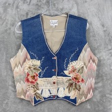Vintage Bette Goulette Vest Womens Large Denim Beaded Floral Patchwork Western